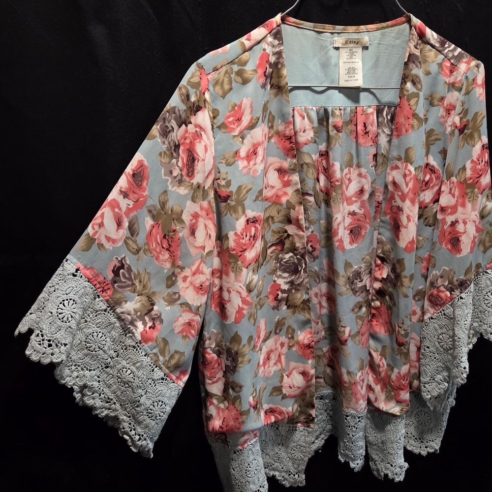 Esley Witchy Boho Festival Floral Lace Open Front Kimono Cardigan Sz M SEE NOTE